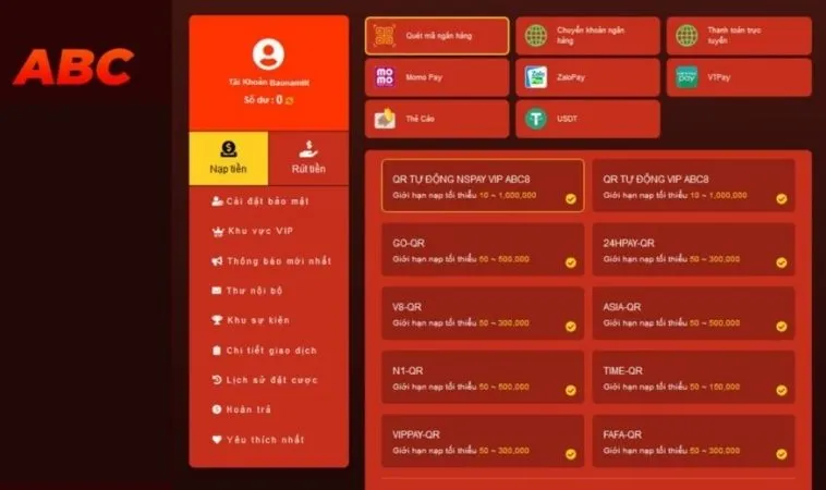 Nạp Tiền ABC8: Hành Trang Khám Phá Giải Trí Đỉnh Cao 2 Giao diện nạp tiền ABC8